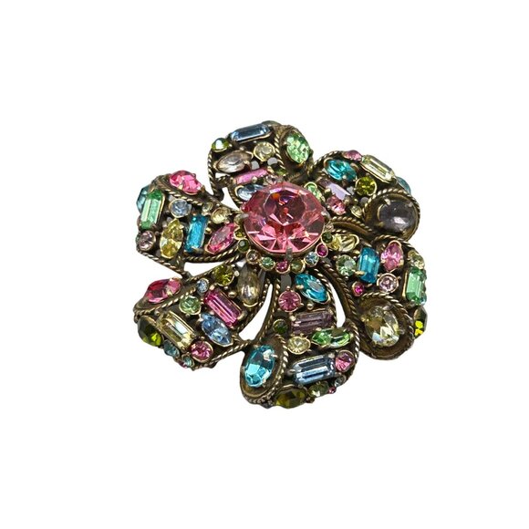 Vtg Hollycraft Pin Brooch Flower Glowing Green Stones Pink Pastels Rhinestones - Picture 1 of 8
